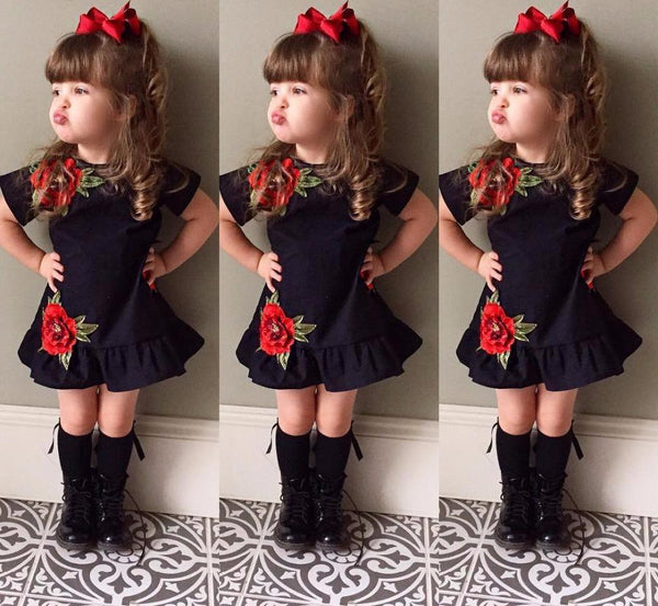 Rose Embroider Casual Black Dress - Stylish Zone Toddler