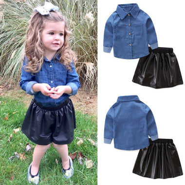 Girl's Denim Top & Leather Shirt Set