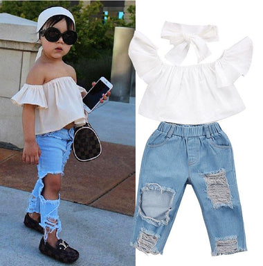 Girls Off Shoulder & Ripped Denim Pants Set