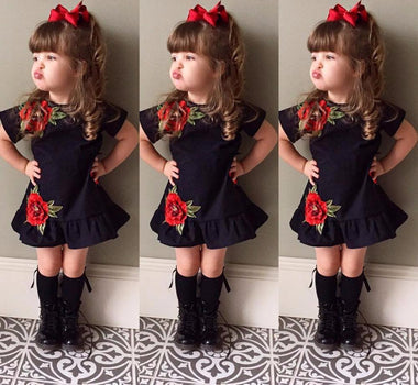 Rose Embroider Casual Black Dress